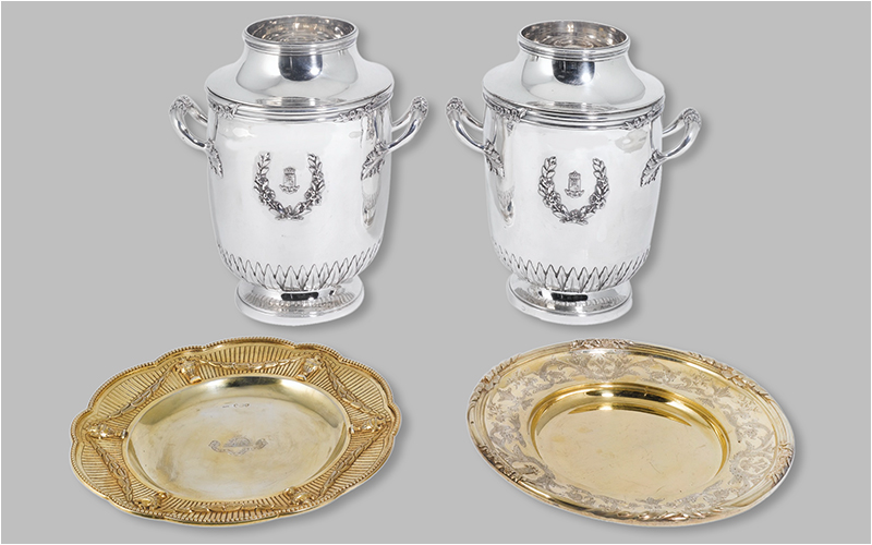 A pair of French silver wine coolers & English silver-gilt dishes